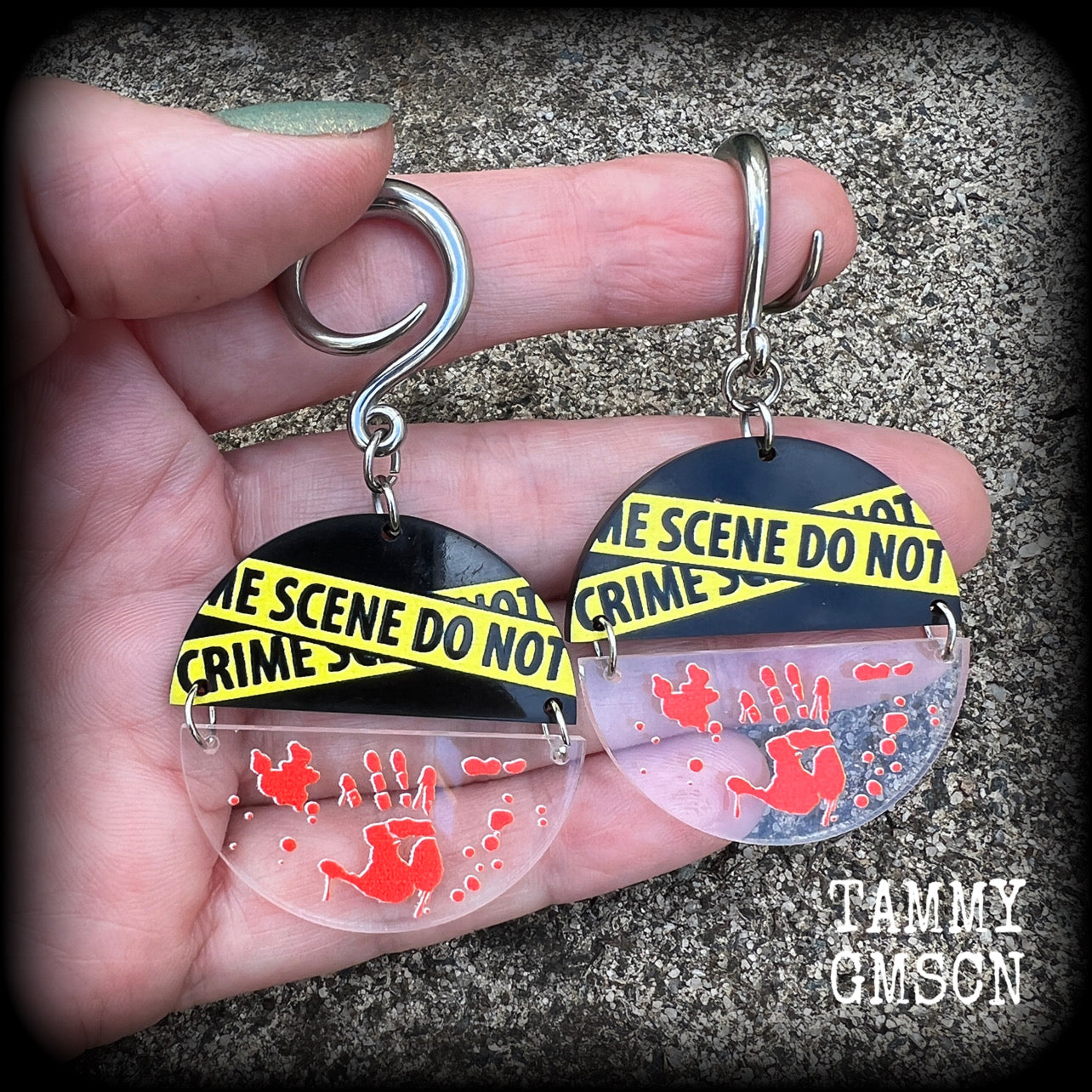 True crime drama Crime scene earrings Halloween earrings 6 gauge ear weights Horror punk earrings 4mm 6mm 8mm 10mm 12mm 14mm 16mm 19mm 22mm 25mm 28mm 30mm Real life crime Crime scene clean up Spaulding Gauged earrings Stretched lobes Stretched ears Gauged ears 