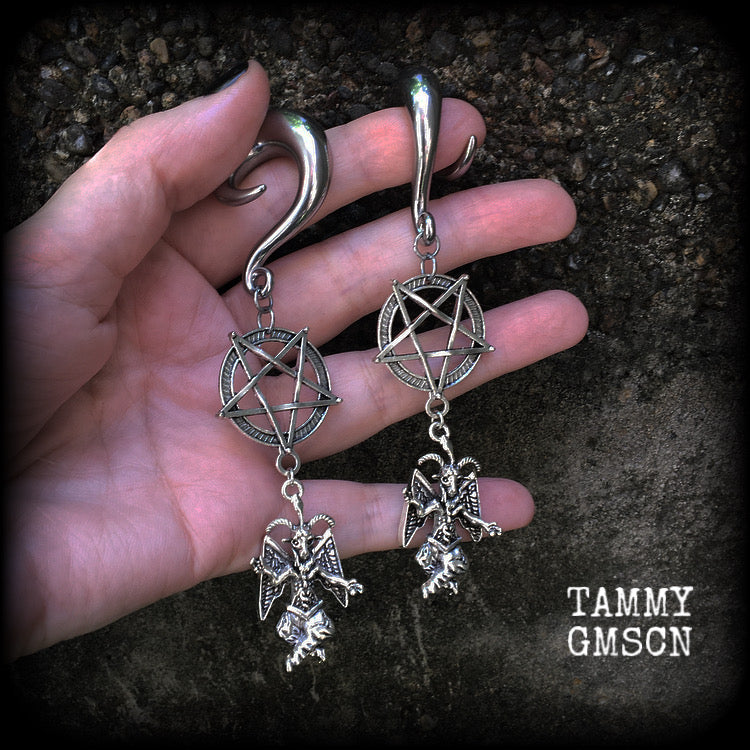 Baphomet and inverted pentagram gauged earrings