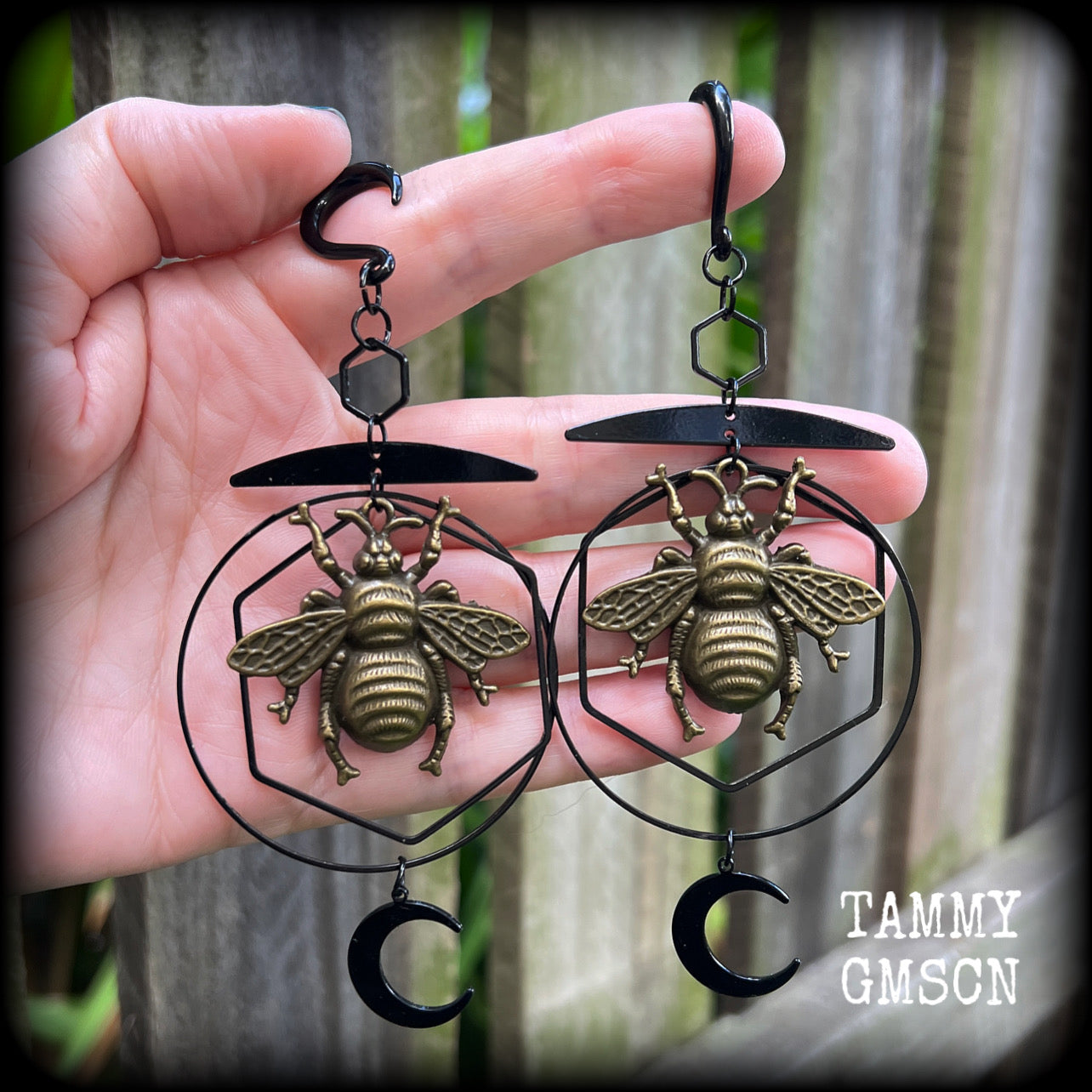 Geometric bee and moon gauged earrings