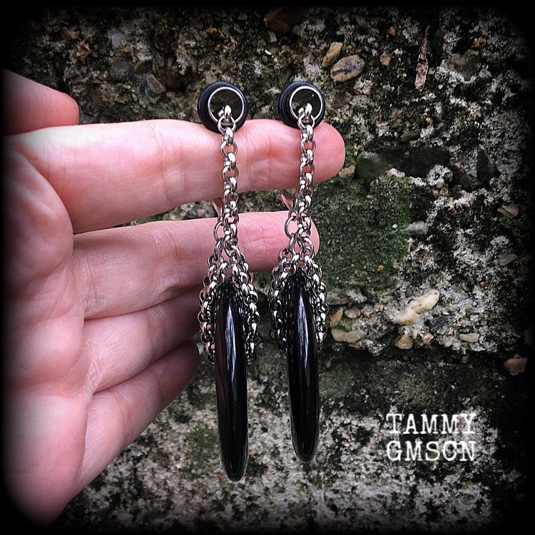 Black Obsidian earrings-Ear weights-Ear hangers