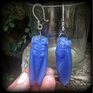 Blue jade cicada earrings-Gemstone insect ear hangers