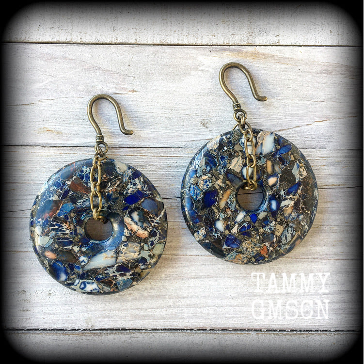 Sea sediment jasper and pyrite earrings-Gemstone ear hangers