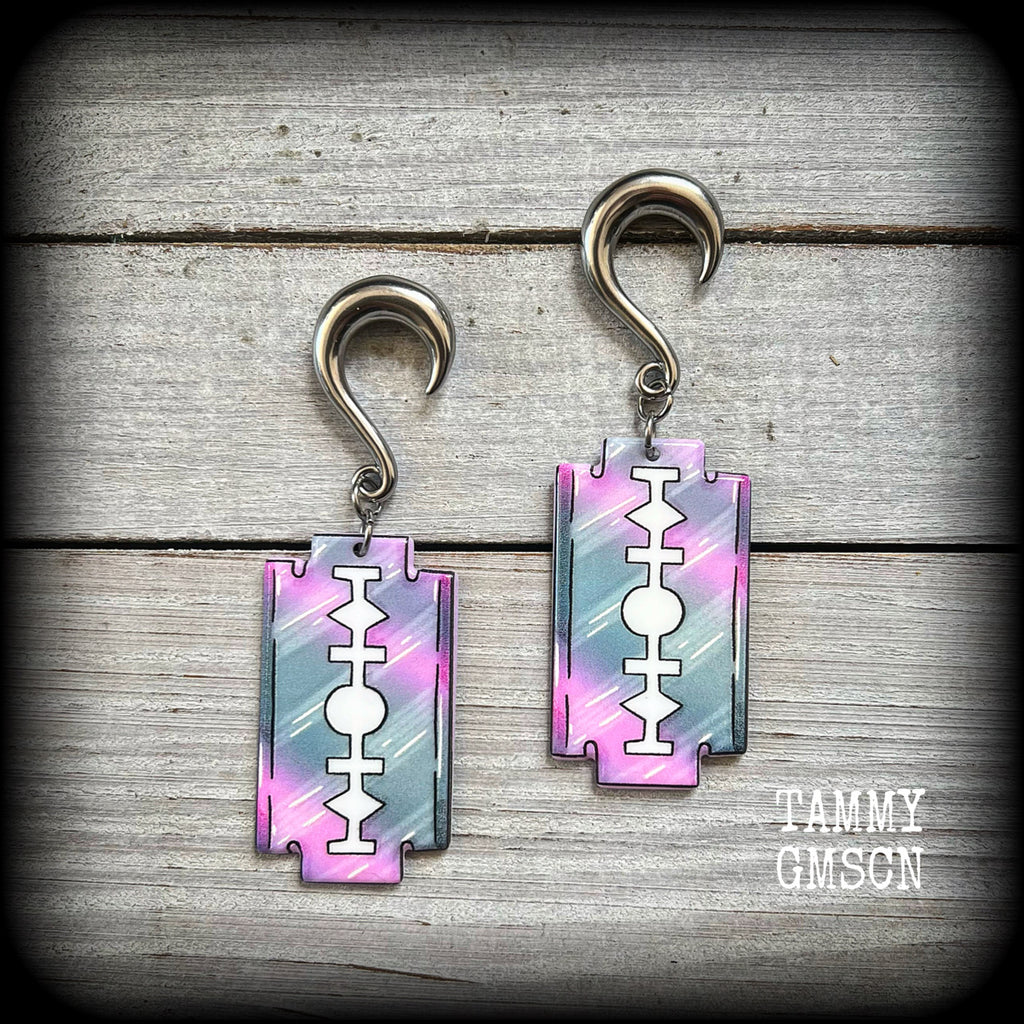 Pastel goth razor blade gauged earrings-Halloween earrings