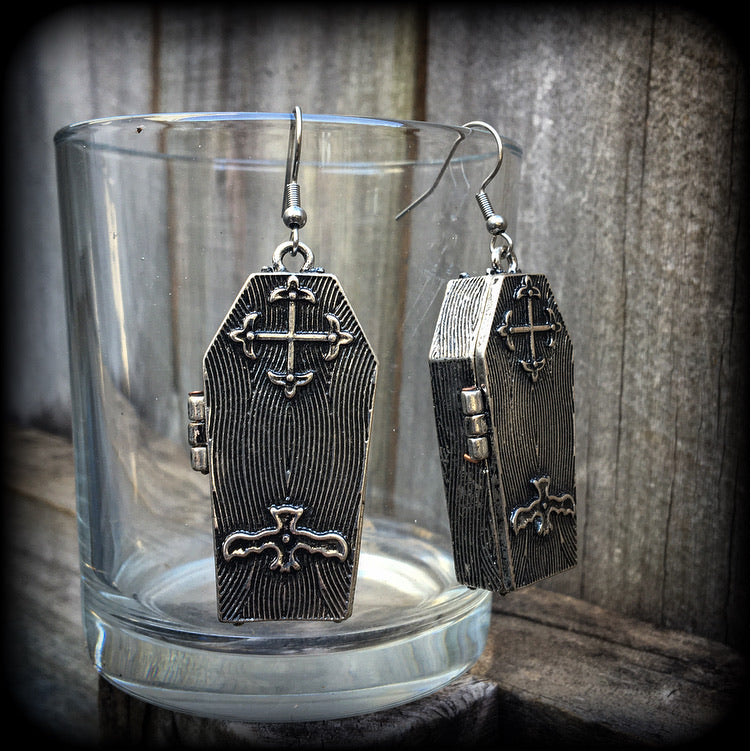 Antique silver coffin earrings-Halloween earrings