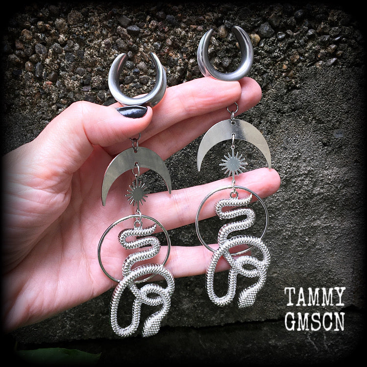 Snake and crescent moon gauged earrings 3/4” ear weights Serpent ear hangers Body jewelry Stretched lobes Stretched ears Gauged earrings Gauged ears Occult earrings Witchy Occult ear hangers Serpent ear weights Snake ear weights Occult jewelry