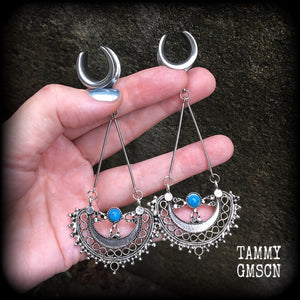 Mandala ear hangers-Turquoise gauged earrings