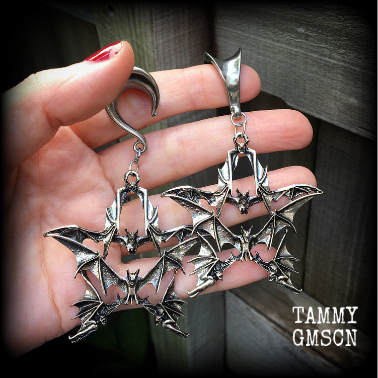 Bat pentagram gauged earrings