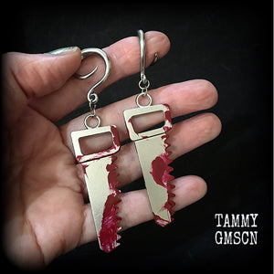 Bloodied bone saw ear hangers-Halloween earrings