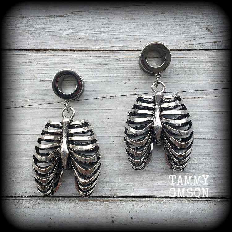 Ribcage tunnel earrings-Horroupunk halloween earrings