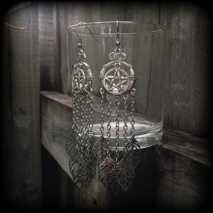 Leafy pentagram dangle earrings