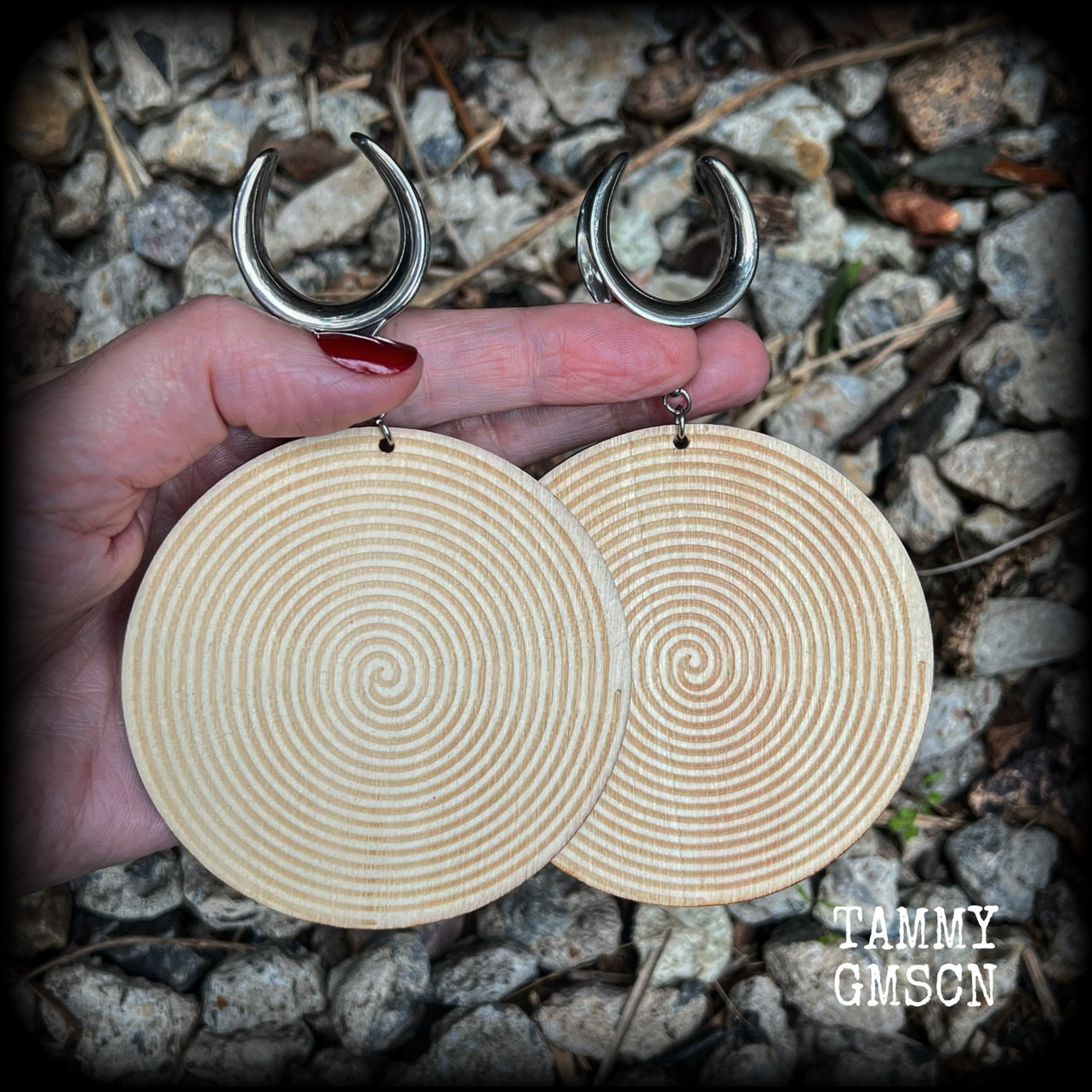 Tribal spiral wood disc earrings-Gauged earrings