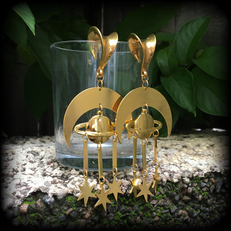 Crescent moon and celestial bodies gauged earrings