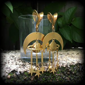 Crescent moon and celestial bodies gauged earrings