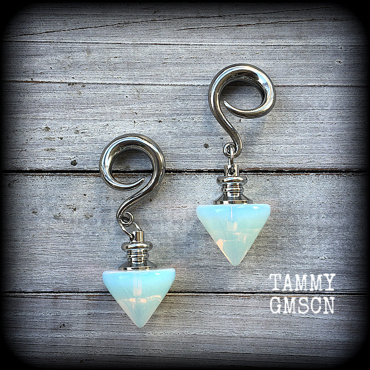 Opalite pendulum gauged earrings-Gemstone ear hangers