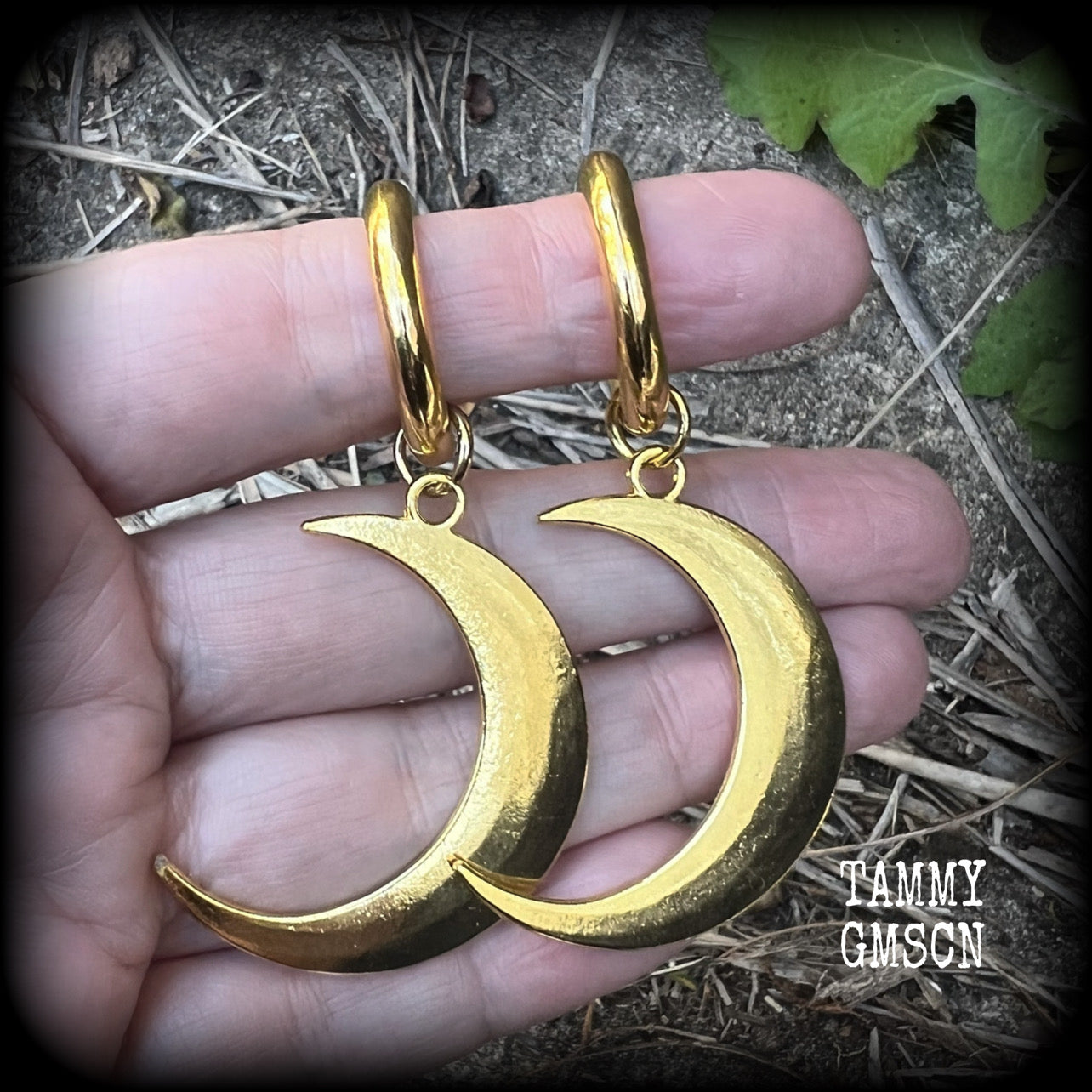 Antique gold crescent moon gauged hoop earrings