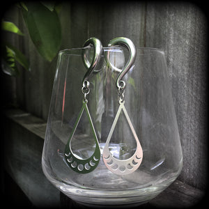 These gorgeous earrings feature stainless steel tear drop moon phase charms, measuring just on 7cms from tip to tip, and weighing only 8 grams each, not too heavy.

These gauged earrings have been made on 2 gauge (6mm) surgical steel full curl hooks, to be worn in stretched lobes.