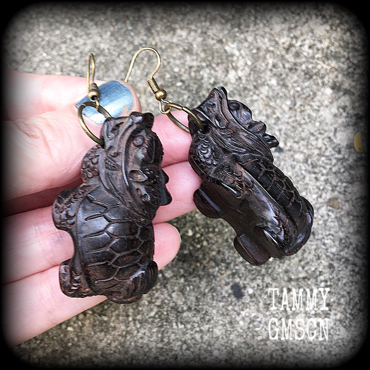 Dragon turtle earrings-Carved wood earrings