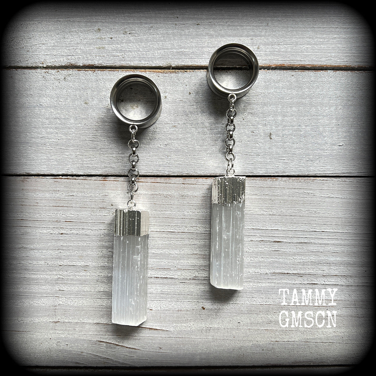 Selenite tunnel earrings-Gemstone tunnels