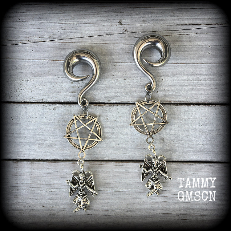 Baphomet and inverted pentagram gauged earrings
