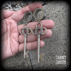 Large Antique silver key tunnel earrings