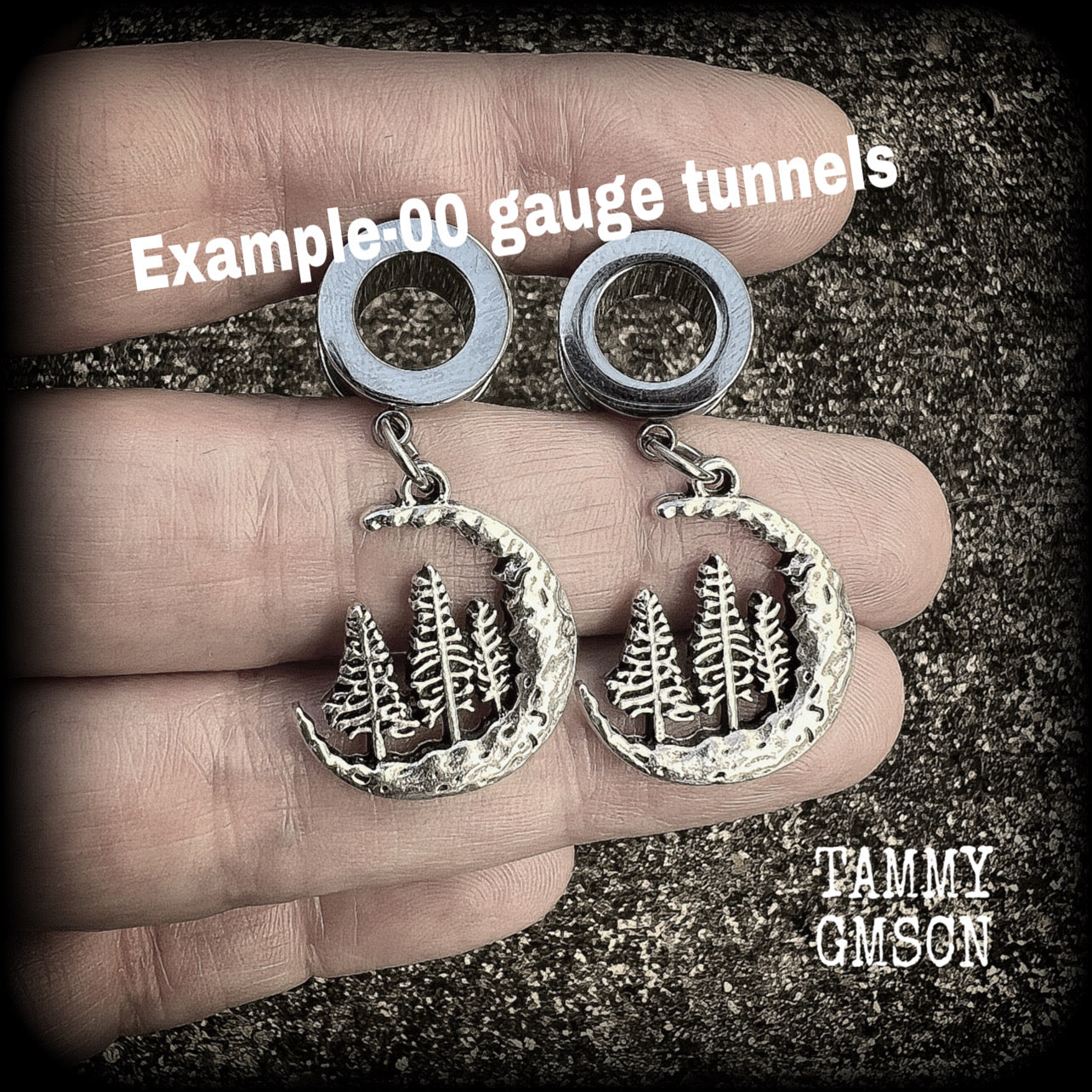 Crescent moon and fir tree tunnels-Forest moon earrings