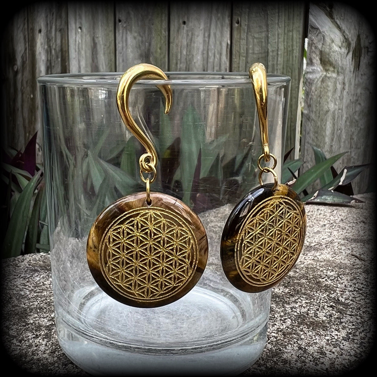 Tigers eye gemstone gauged earrings-Flower of life ear weights