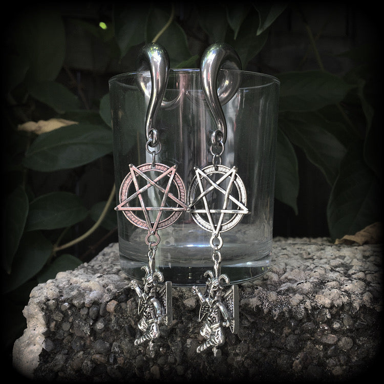 Baphomet and inverted pentagram gauged earrings