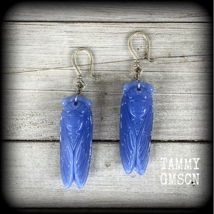 Blue jade cicada earrings-Gemstone insect ear hangers