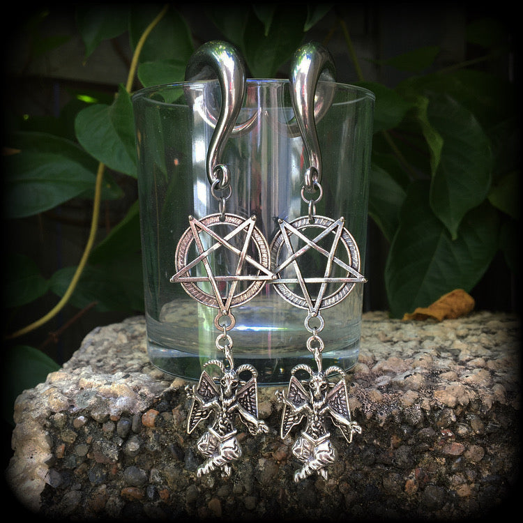Baphomet and inverted pentagram gauged earrings