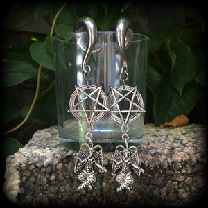 Baphomet and inverted pentagram gauged earrings