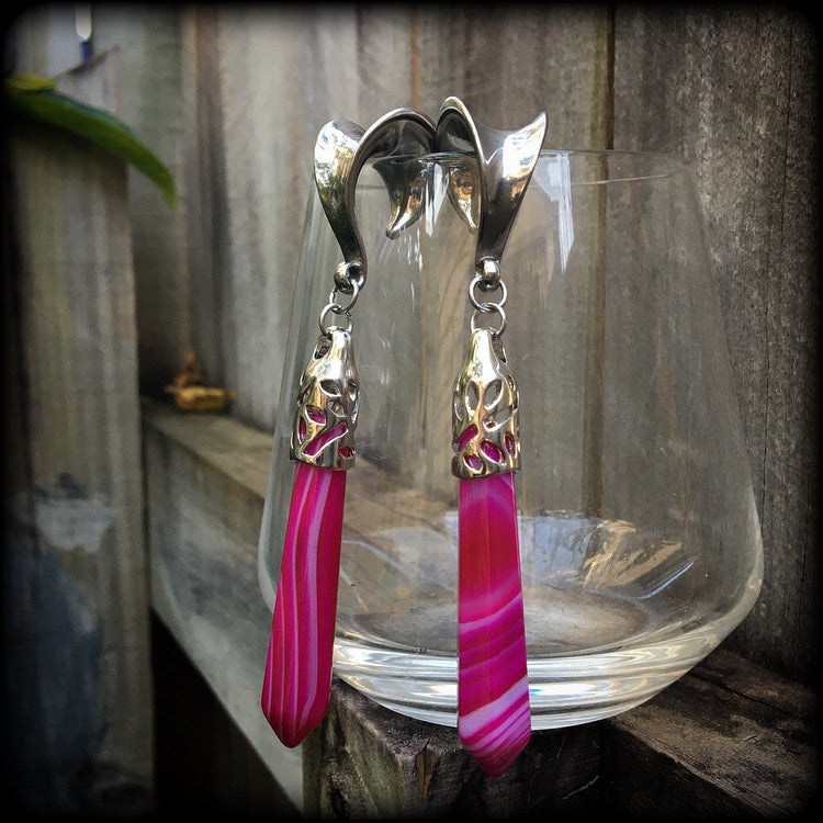 Pink agate gauged earrings