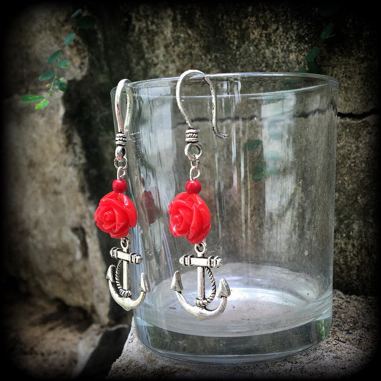 Red rose and silver anchor earrings