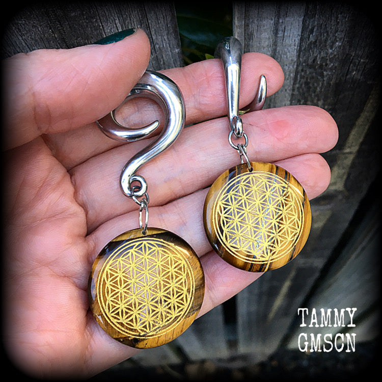 Tigers eye gemstone gauged earrings-Flower of life earrings