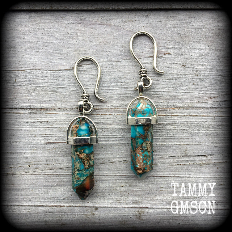 Blue ocean jasper earrings-Gemstone ear hangers