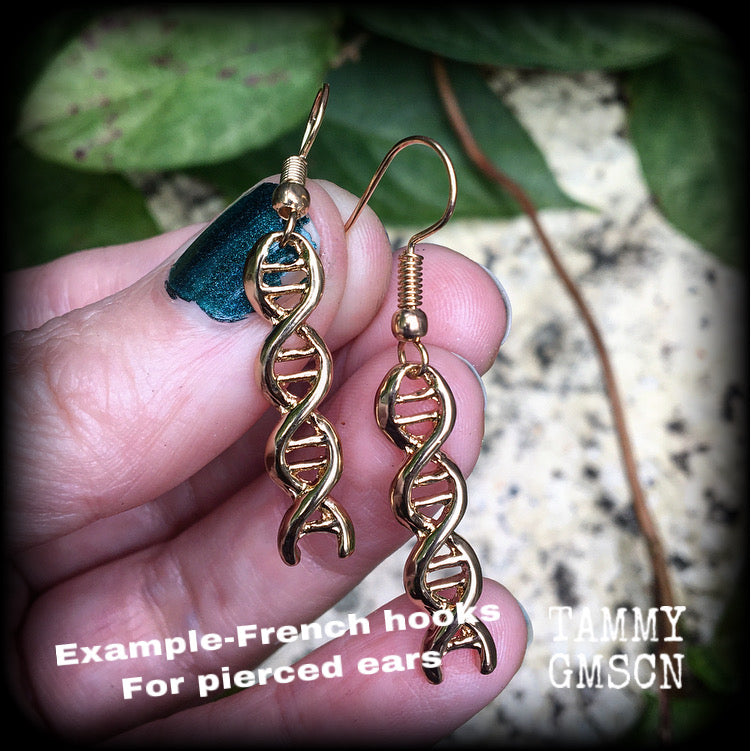 These adorable antique gold DNA helix earrings measure just under 6cms from tip to tip, and weigh only a few grams each.

This pair have been made with antique gold french hooks, suitable for pierced ears. 