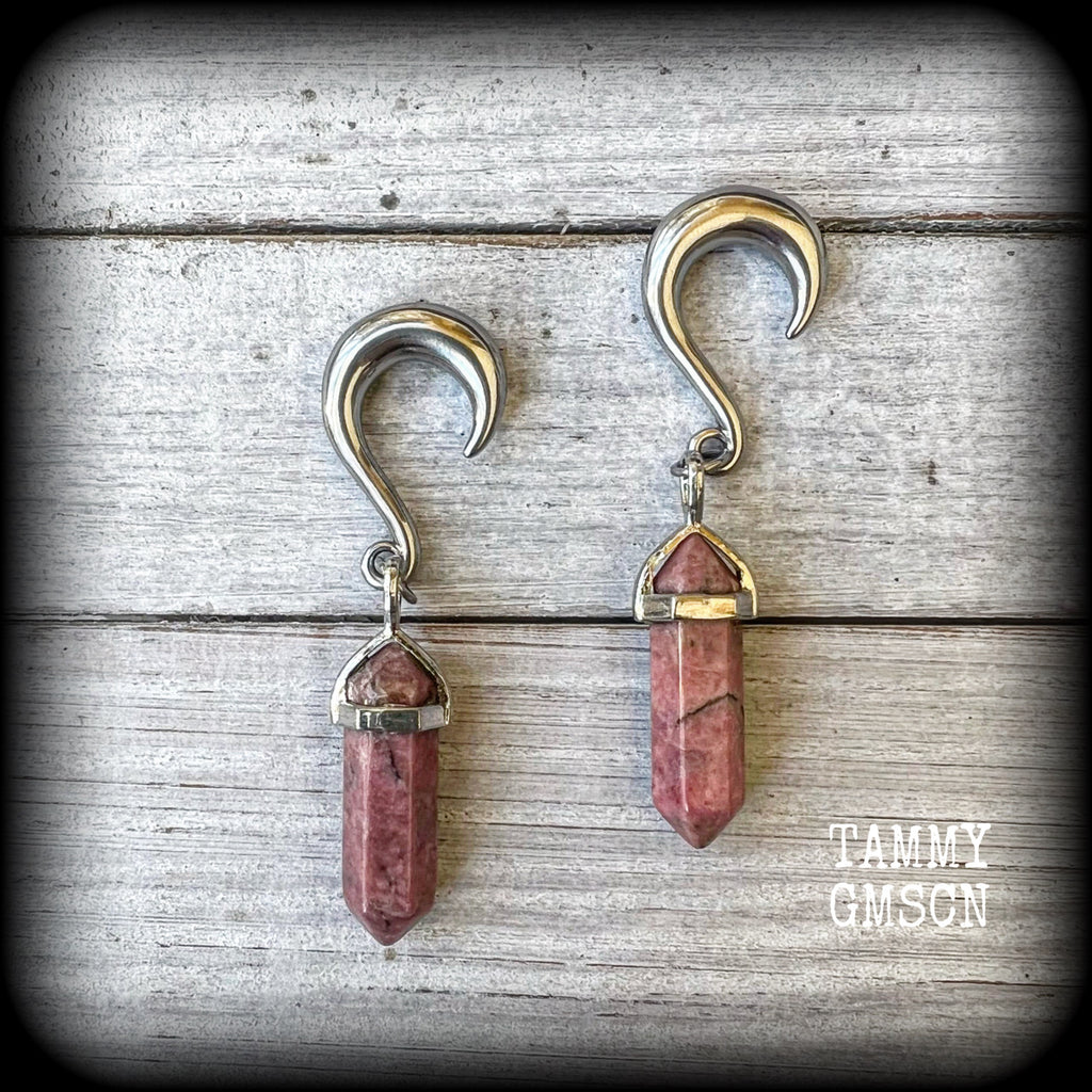 Gorgeous dusty pink rhodochrosite pillar gemstone gauged earrings for gauged ears, available on a range of hooks and clasps for pierced ears and stretched lobes up to 30mm