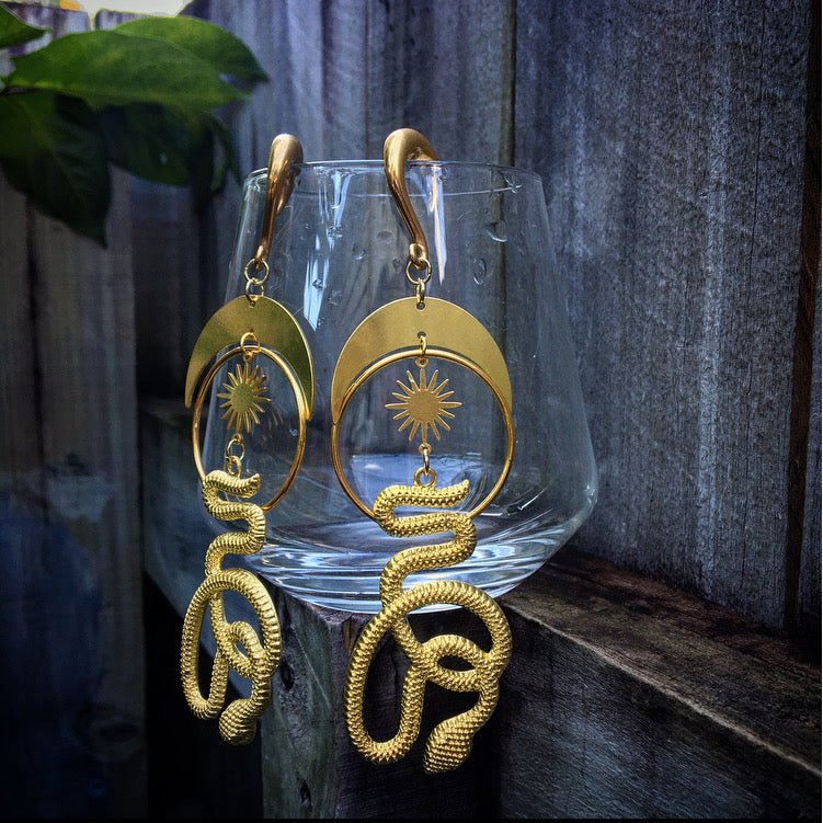 Snake and crescent moon gauged earrings