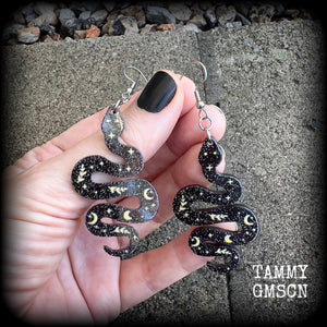 Black snake earrings Celestial snake earrings Whimsigoth earrings Serpent earrings Asp earrings Snake jewelry Sun and moon earrings Reptile earrings Pierced ears Tunnels Plugs Ear gauges Stretched ears Gauged earrings
