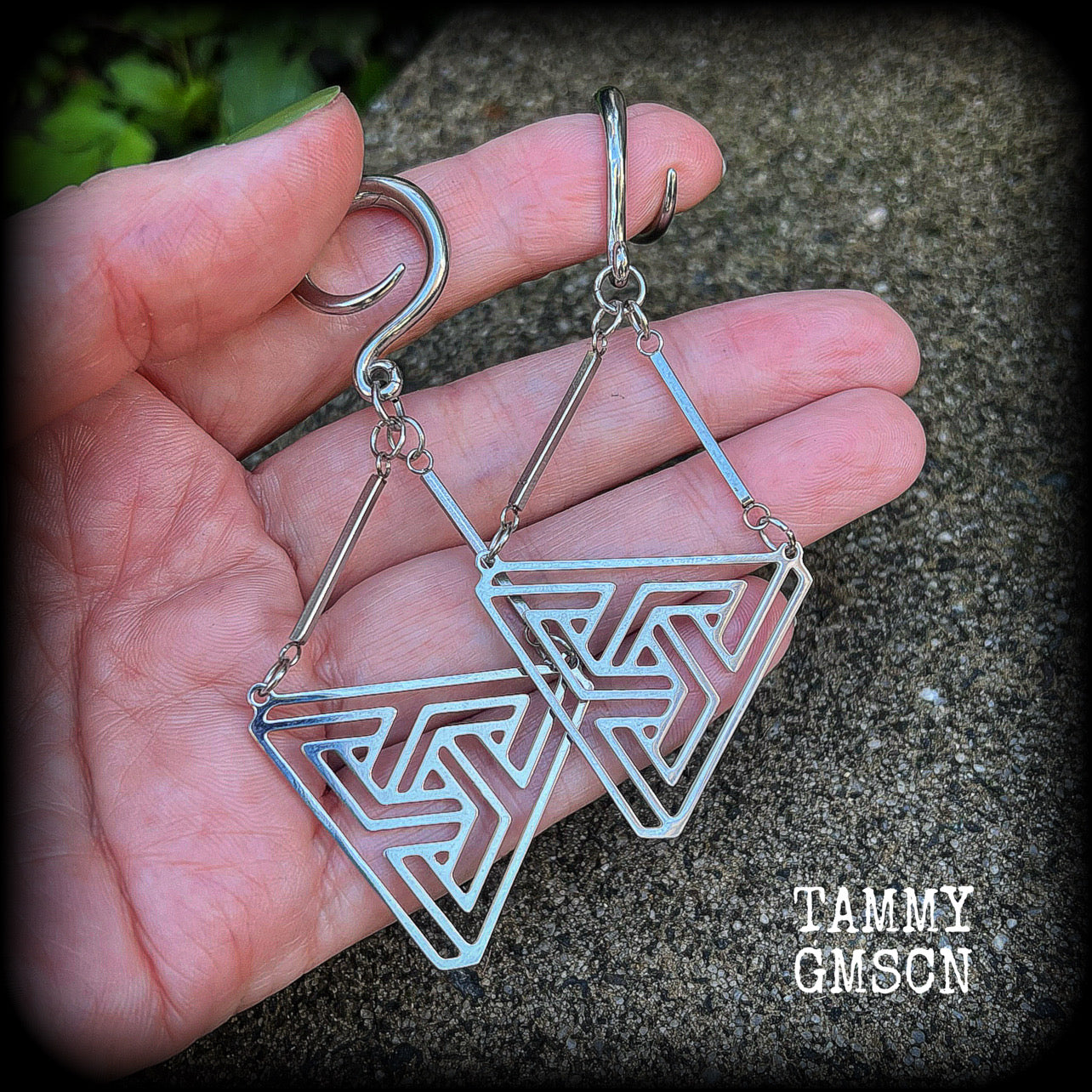 Triangle maze earrings Geometic earrings Geometric jewellery Geometric gauged earrings Optical illusion ear hangers MC Escher 6 gauge ear weights Stretched ears Stretched lobes Ear gauges 4mm 6mm 8mm 10mm 12mm 14mm 16mm 19mm 22mm 25mm 28mm 30mm