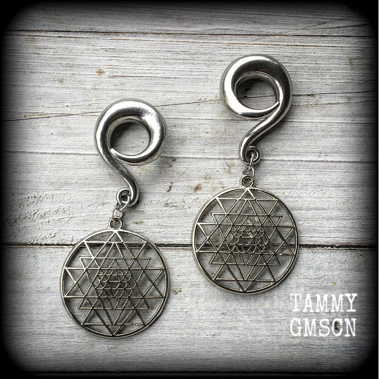 Sri Yantra gauged earrrings-Geometric ear weights