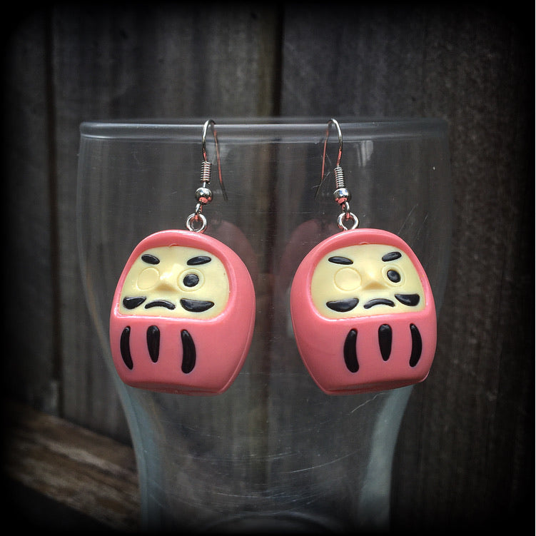 Pink daruma earrings Daruma dolls Japanese dolls Japanese earrings Daruma ear hangers Daruma ear weights Unique ear weights Stretched ears Stretched lobes Ear gauges Pierced Gauged earrings 4mm 6mm 8mm 10mm 12mm 14mm 16mm 19mm 22mm 25mm 28mm 30mm