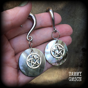 Mother of Pearl and pentagram gauged earrings-Shell earrings