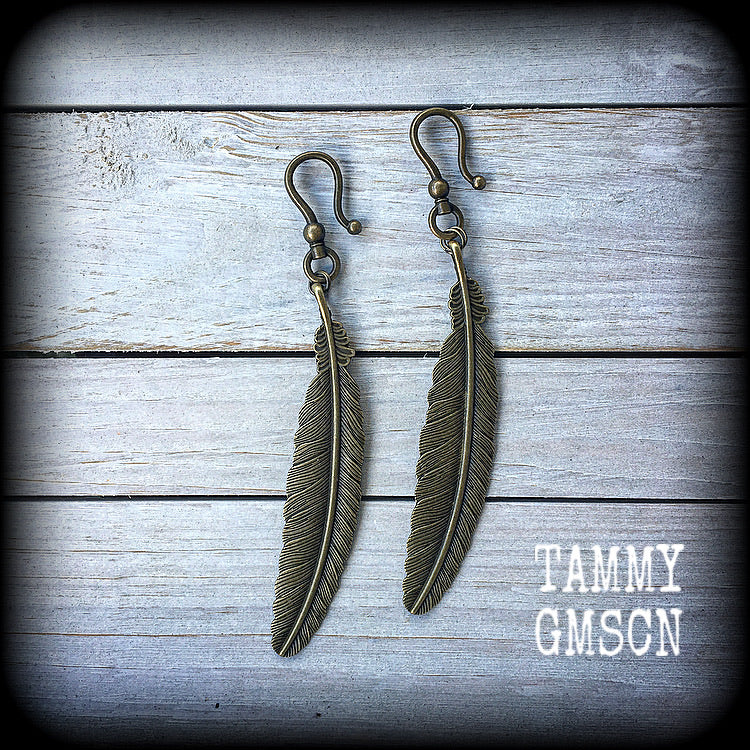 Feather ear hangers-Bronze feather earrings