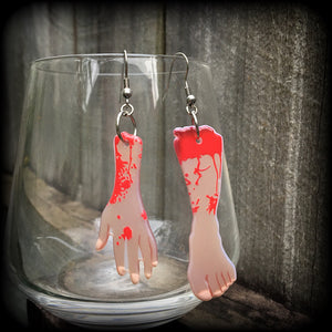 Zombie earrings Halloween earrings Zombie movie earrings Body parts Horror movie earrings Undead Vampire B movies Scream queen Body jewelry Hands Feet Body parts Flesh eating Cannibal movies Zombies Ghosts Supernatural Pierced ears Stretched lobes 