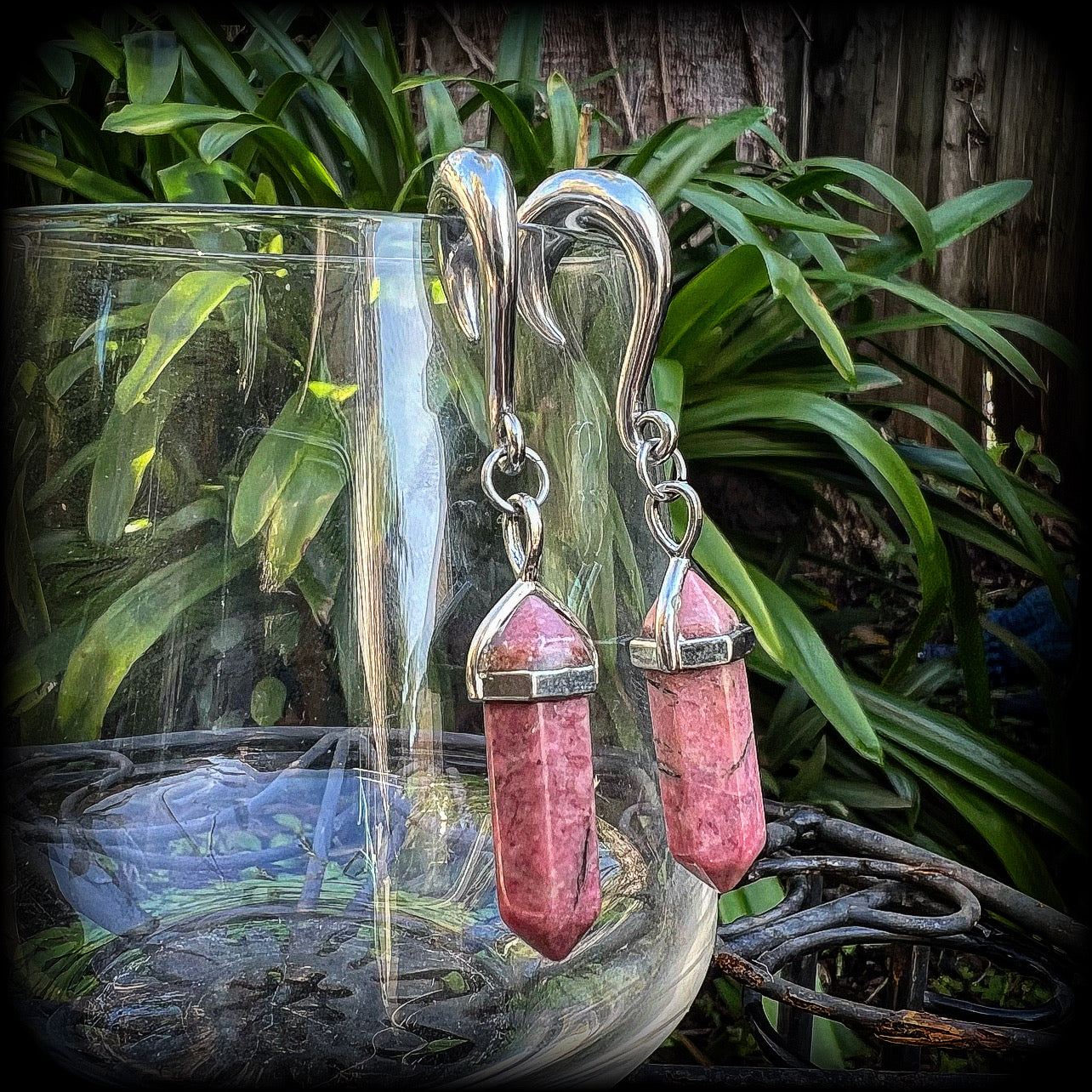 Gorgeous dusty pink rhodochrosite pillar gemstone gauged earrings for gauged ears, available on a range of hooks and clasps for pierced ears and stretched lobes up to 30mm