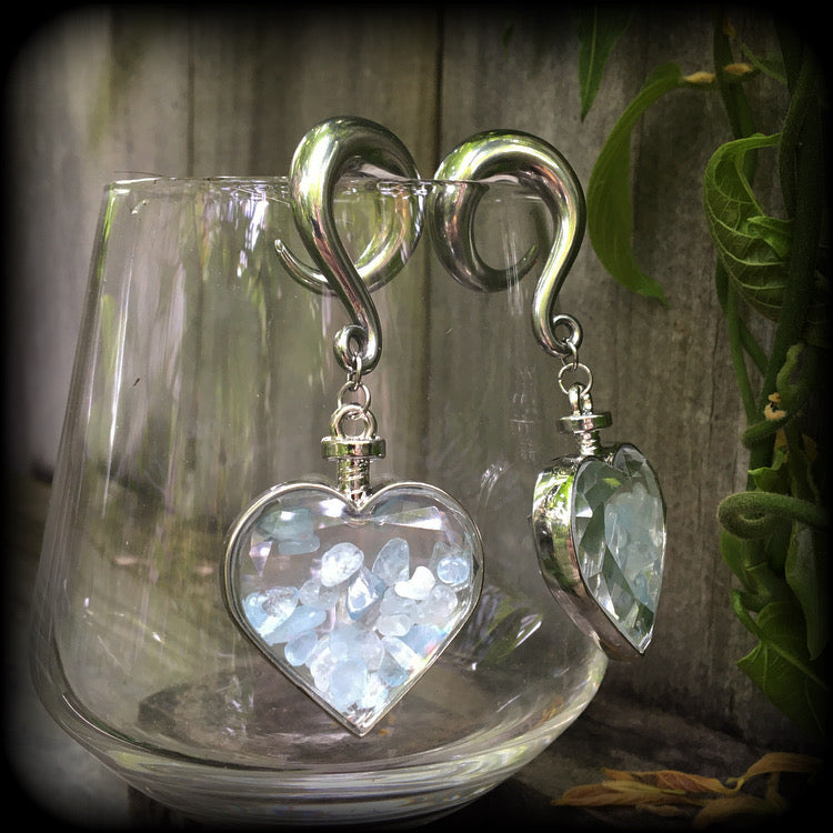 Aquamarine heart gauged earrings