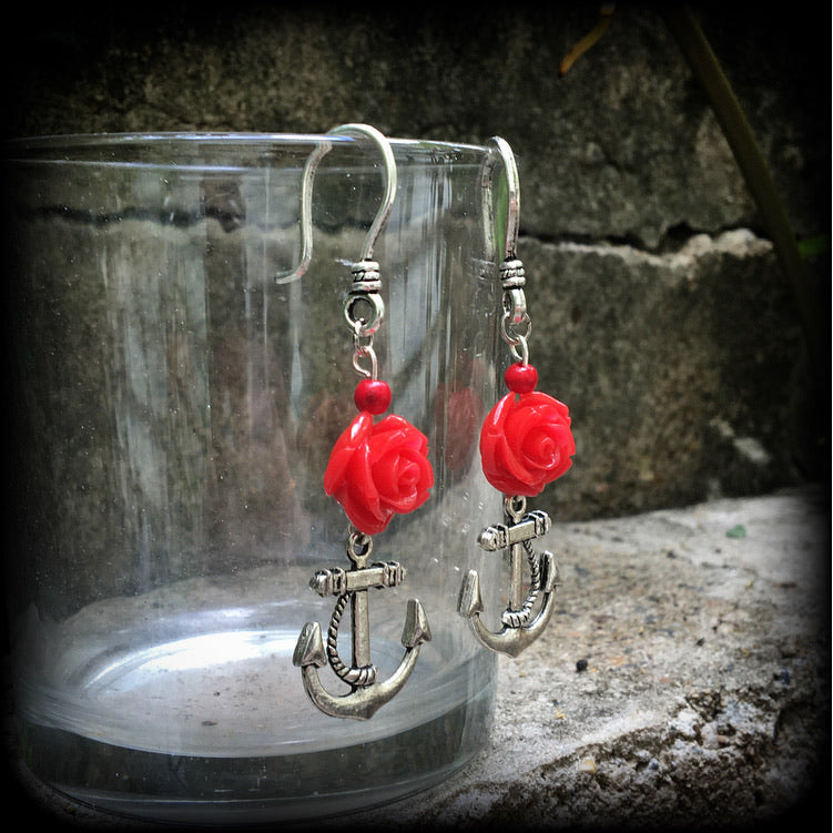 Red rose and silver anchor earrings