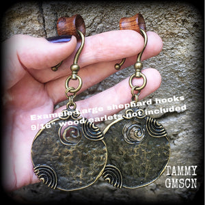Antique bronze disc ear hangers-Ogoun earrings