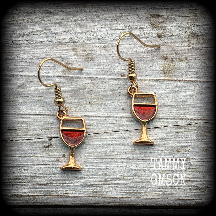 Red wine earrings Alcohol earrings Booze Goon Grog Vino Happy hour Glass of wine earrings Body jewelry Gauges Pierced ears Studs Clip ons
