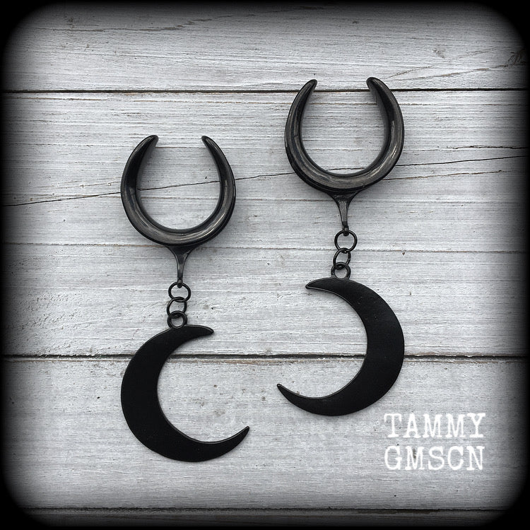 Black moon gauged earrings-Crescent moon